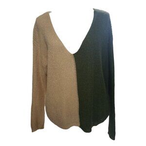 Peach Love California Womens Tan & Olive Colorblock Vneck Sweater Small